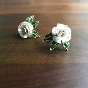 Gold & Enamel White Rose Earrings